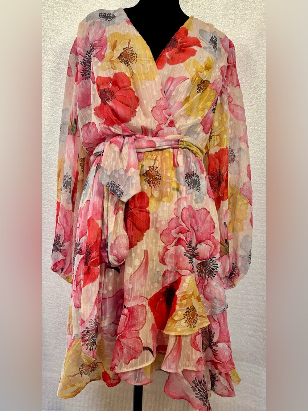 Alex Marie Floral Wrap Dress Size 8 Pink Yellow Red Ruffle Sheer Sleeve